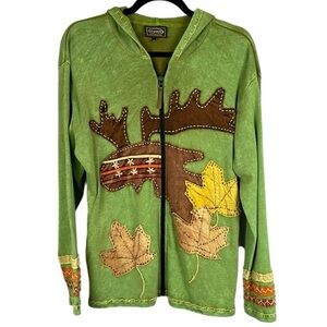 Kyber Outerwear Moose Maple Leaf Embroidered Full Zip Hoodie Large Green Brown